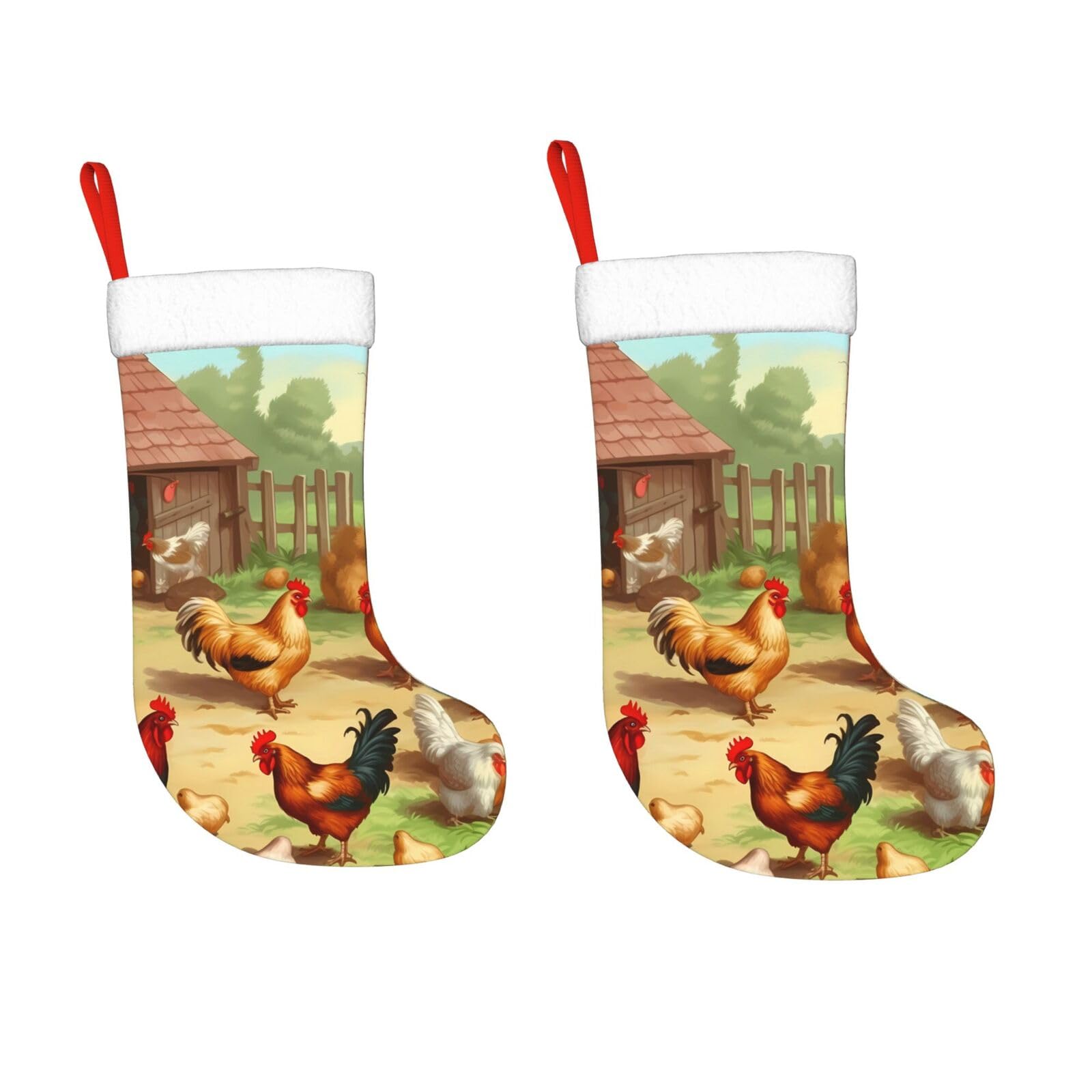 KLOPH 2 Pack 18 Inches Christmas Stockings Personalized Roast Chicken Hen Farm Xmas Stocking Hanging Decoration Fireplace Stocking for Holiday Xmas Tree Christmas Fireplace Decor Gifts