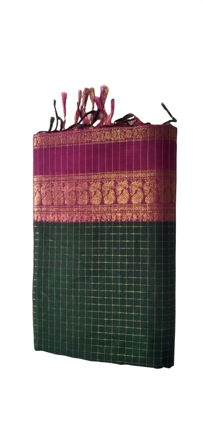Kalyani Cotton Saree Dark Green and Pink with Check Pattern-image-48