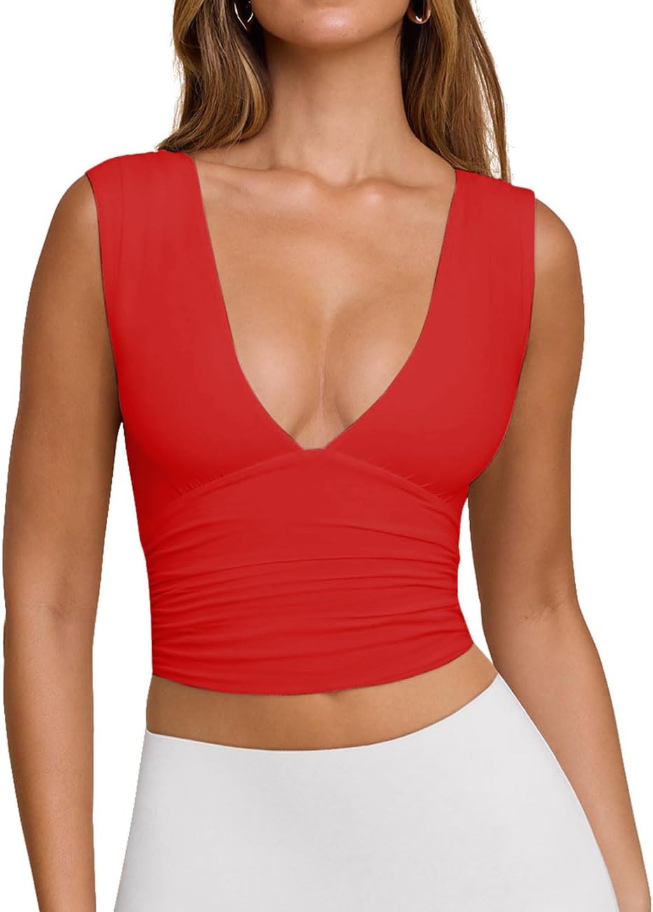 YFANG Women's Sexy Deep V-Neck Ruched Sleeveless Crop Tank Top Stretchy Double Layer Slim Fitted Going Out Crop Top - Image 4