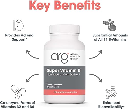 Miniatura 4 de Allergy Research Group Suplemento de súper vitamina B, complejo de vitamina B para hombres y mujeres, con vitamina B12 y B6, cápsulas vegetarianas -