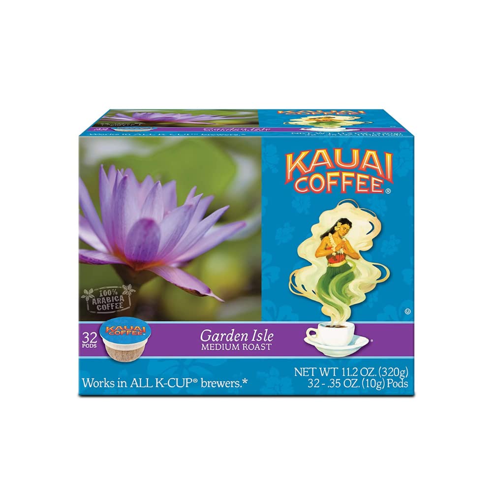 Kauai Coffee Pods Compatible with K-Cup Pods for Keurig Brewers – 20% Hawaiian Arabica – Medium Roast, Rich, Smooth, No Bitterness – Garden Isle, 1 Pack of 32 Single Serve Cups