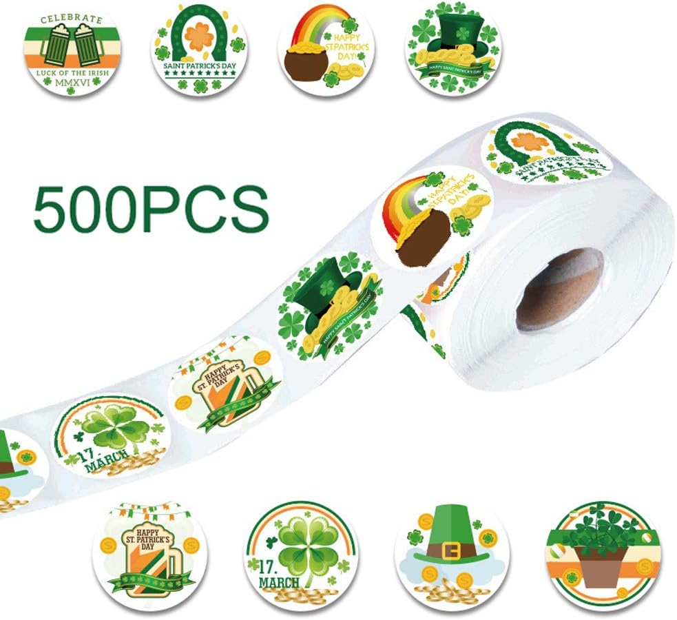 Debispax 500Pcs St Patricks Day Stickers Green Shamrock Roll Stickers 8 Patterns Adhesive Label for Gift Party Parade Decoration