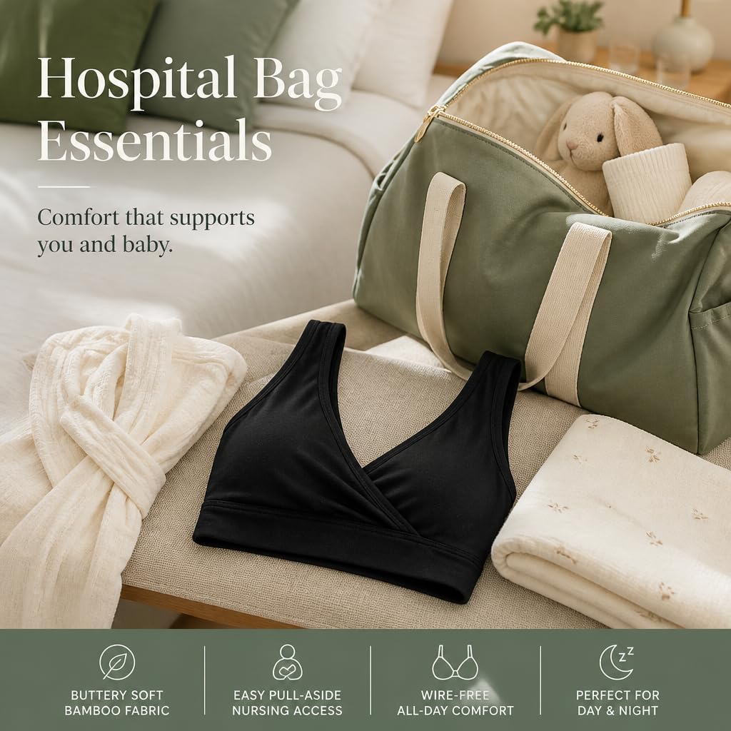 LoveSteady Crossover Nursing & Lounge Sleep Bra – Soft Bamboo Bralette for Breastfeeding, Pregnancy & Postpartum | Wireless, Pull-Aside Access, Light Support [Black,