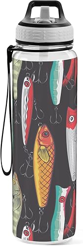 Joko Ivery Coloridos señuelos de pesca de 32 onzas botella de agua deportiva para niños pequeños, a prueba de fugas, sin BPA, con popote de