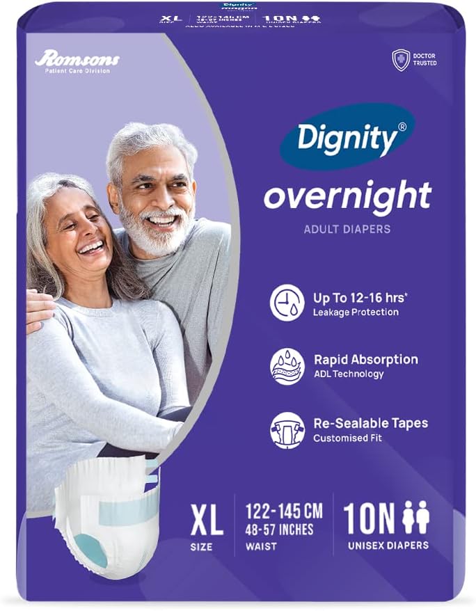 DIGNITY Overnight Tape Style Adult Diapers - XL (10 Pieces) With Wetness Indicator and Leakage Protection Upto 12-16 Hrs.