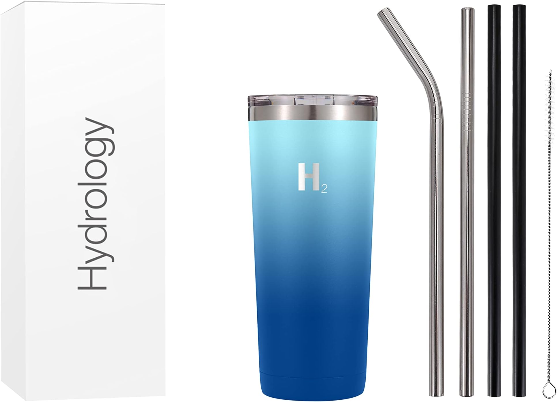 H2 Hydrology Classic Tumbler - Stainless Steel Large Double Wall Tumblers, Metal Water Tumbler with Straw, Anti-Slip Vacuum Coffee Tumblers Cup, 4 Stainless Steel Straw Included (24 Oz, Cool Water)