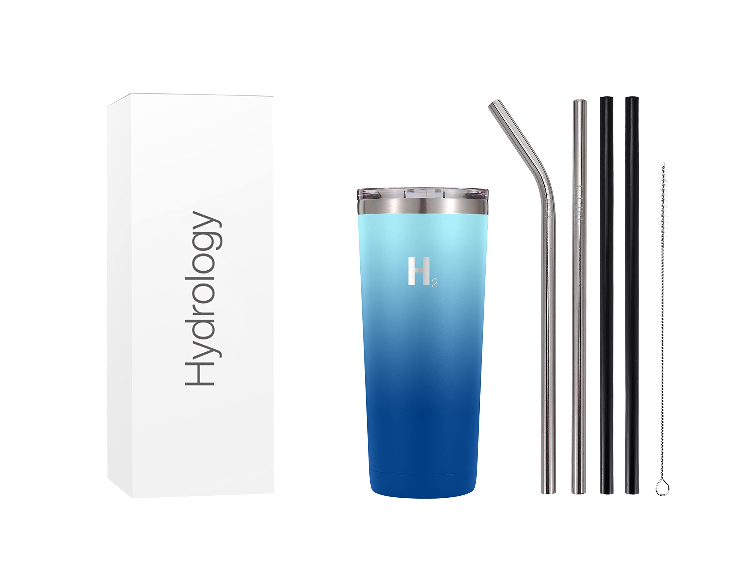 H2 Hydrology Classic Tumbler - Stainless Steel Large Double Wall Tumblers, Metal Water Tumbler with Straw, Anti-Slip Vacuum Coffee Tumblers Cup, 4 Stainless Steel Straw Included (24 Oz, Cool Water)