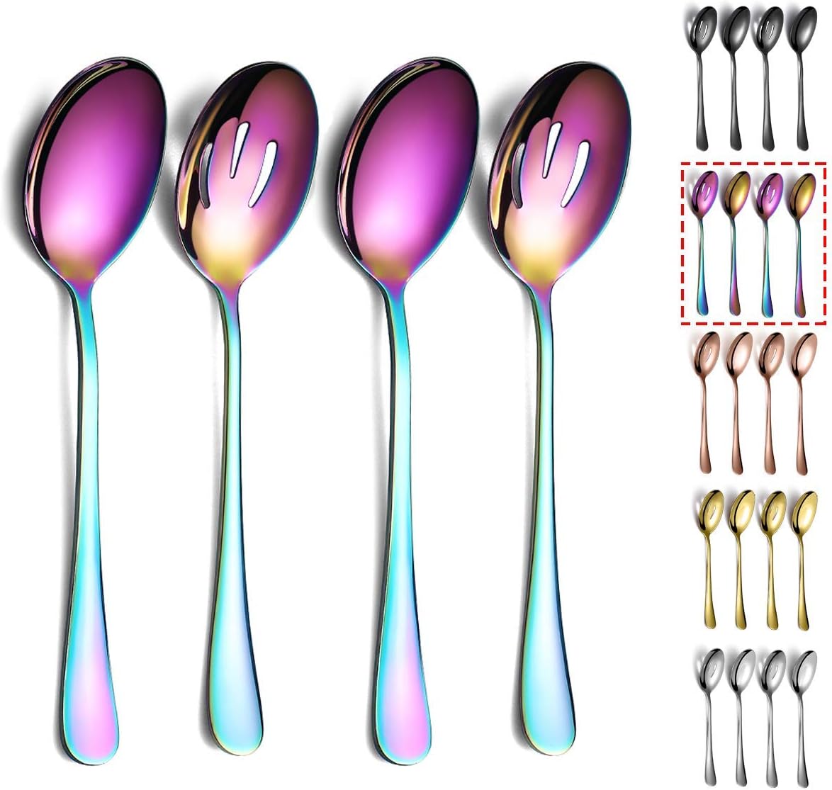 Rainbow Serving Set - 4 Piece Titanium Plated Utensils, Includes 2 Spoons and 2 Slotted Spoons