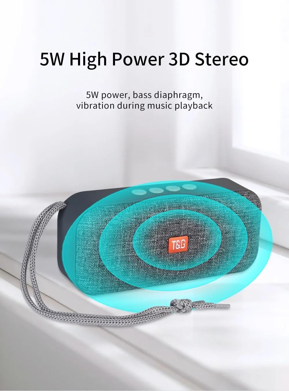 T&G TG-516 speaker demonstrating 5W high power 3D stereo sound with bass diaphragm vibration.