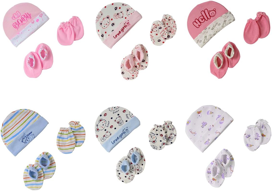 Babilav Baby Caps Mittens and Booties Combo Pack, Set of 6 (0-6 Month) (New Born)