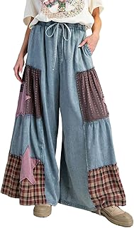 Women Baggy Ruffle Wide Leg Jeans Culotte Elastic High Waist Drawstring ...