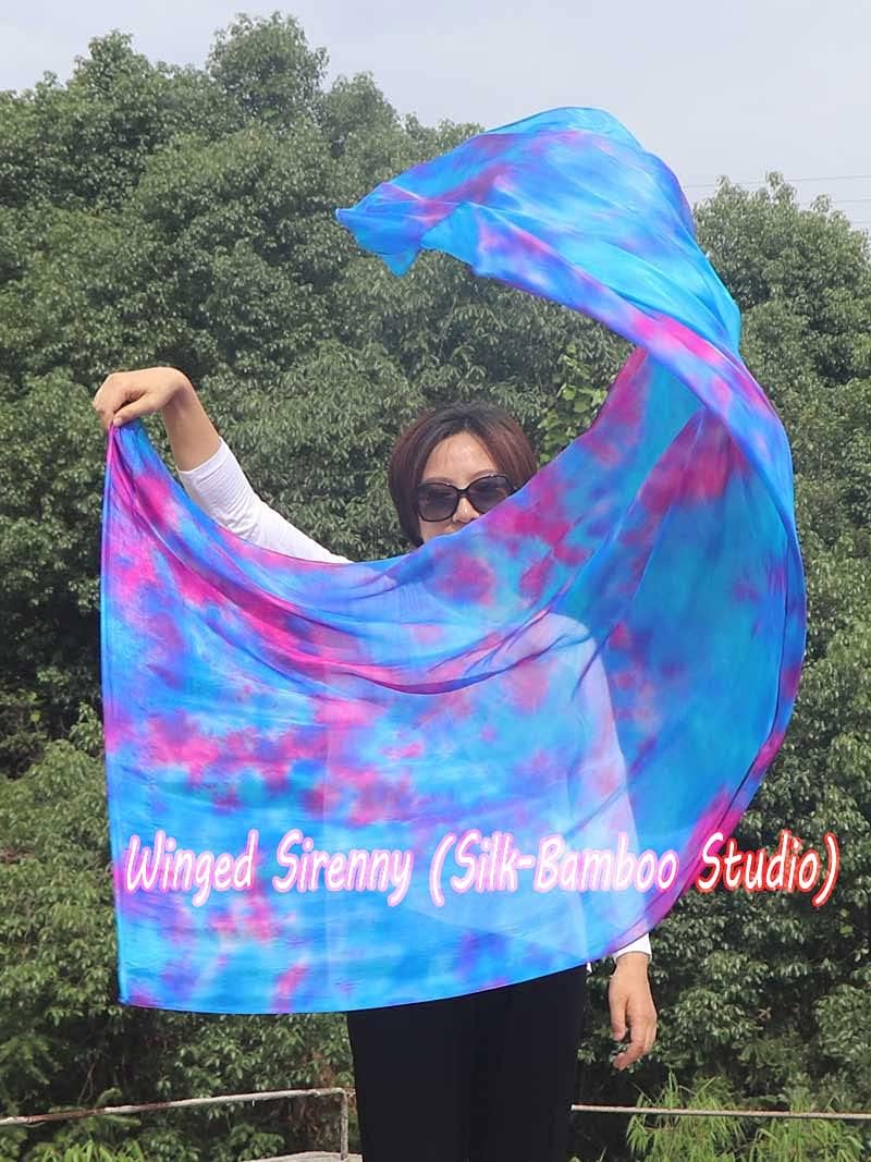 Winged Sirenny 70" Silk Worship Flags with Flex Rods, Handpainted Feather Light Fluid Translucent Silk Banner (Mermaid Dream)