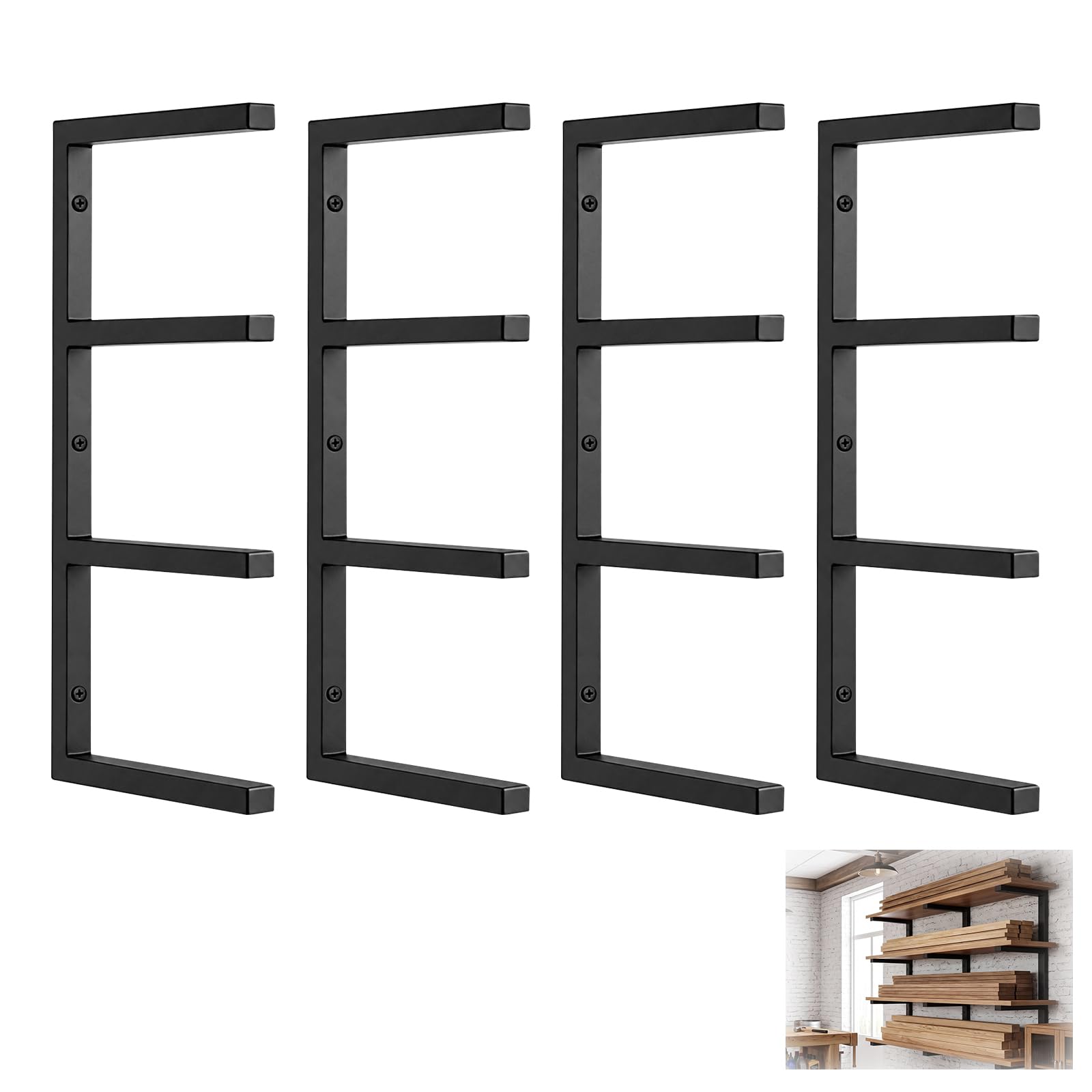 4 Ebenen Holzlagerungs-Metallregal,4 Pack Kragarmregal, Hält bis zu 200kg | Platzsparendes, Hochbelastbares Metall, Wandhalterung Regal für Leiter Fahrrädern Holzlager, 38 × 62 cm
