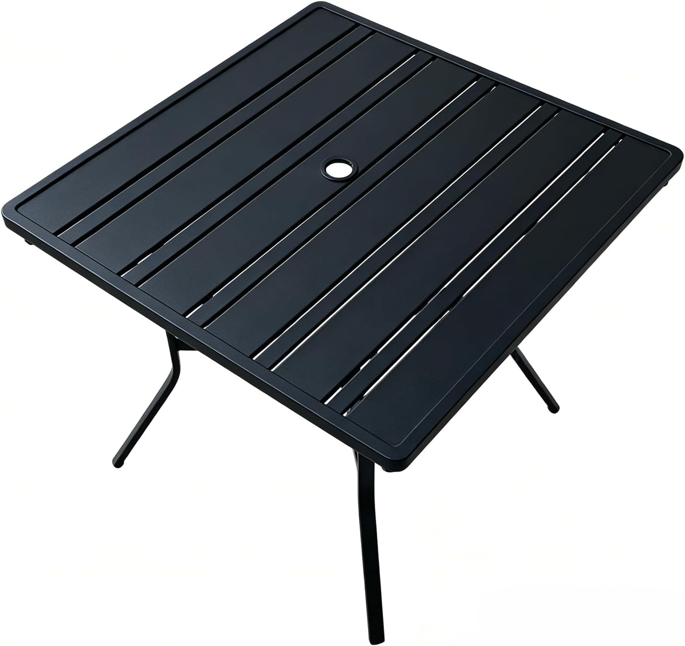 4-Seat Small Metal Square Outdoor Table with Umbrella Hole, Weather-Resistant Black Patio Dining Table for Backyard, Compact Sturdy Table with Slatted Top for Porch & Poolside