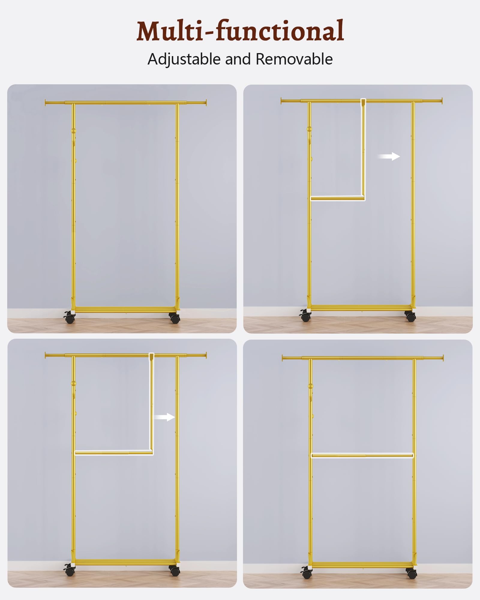 FAVOOSTY Stand Appendiabiti con Ruote, Attaccapanni Estensibile,Barra centrale regolabile, Doppia barra, (90-120) x 39,5 x160 cm, Facile montaggio,Oro