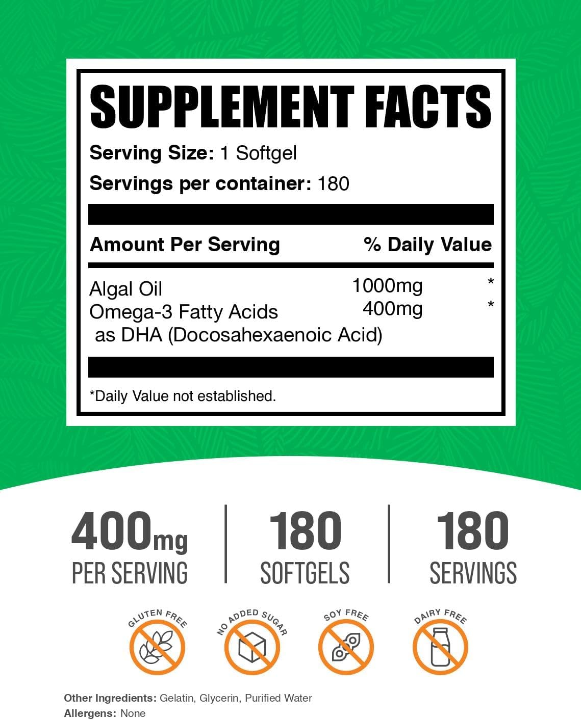 BulkSupplements.com Omega-3 Softgels - from Algal Oil, Algae Oil Omega 3 Supplement - Gluten Free, 1 Softgel per Serving, 180 Count (Pack of 1)