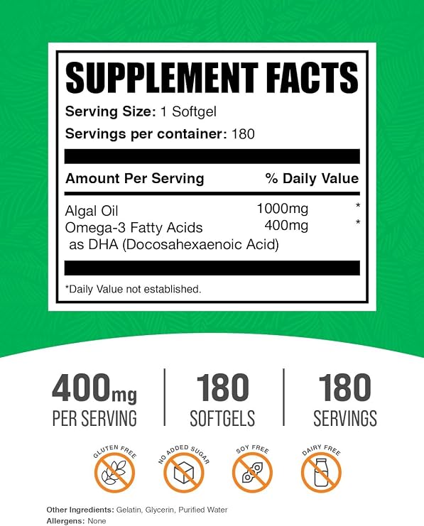 Omega-3 Softgels - from Algal Oil, Algae Oil Omega 3 Supplement - Gluten Free, 1 Softgel per Serving, 180 Count (Pack of 1)