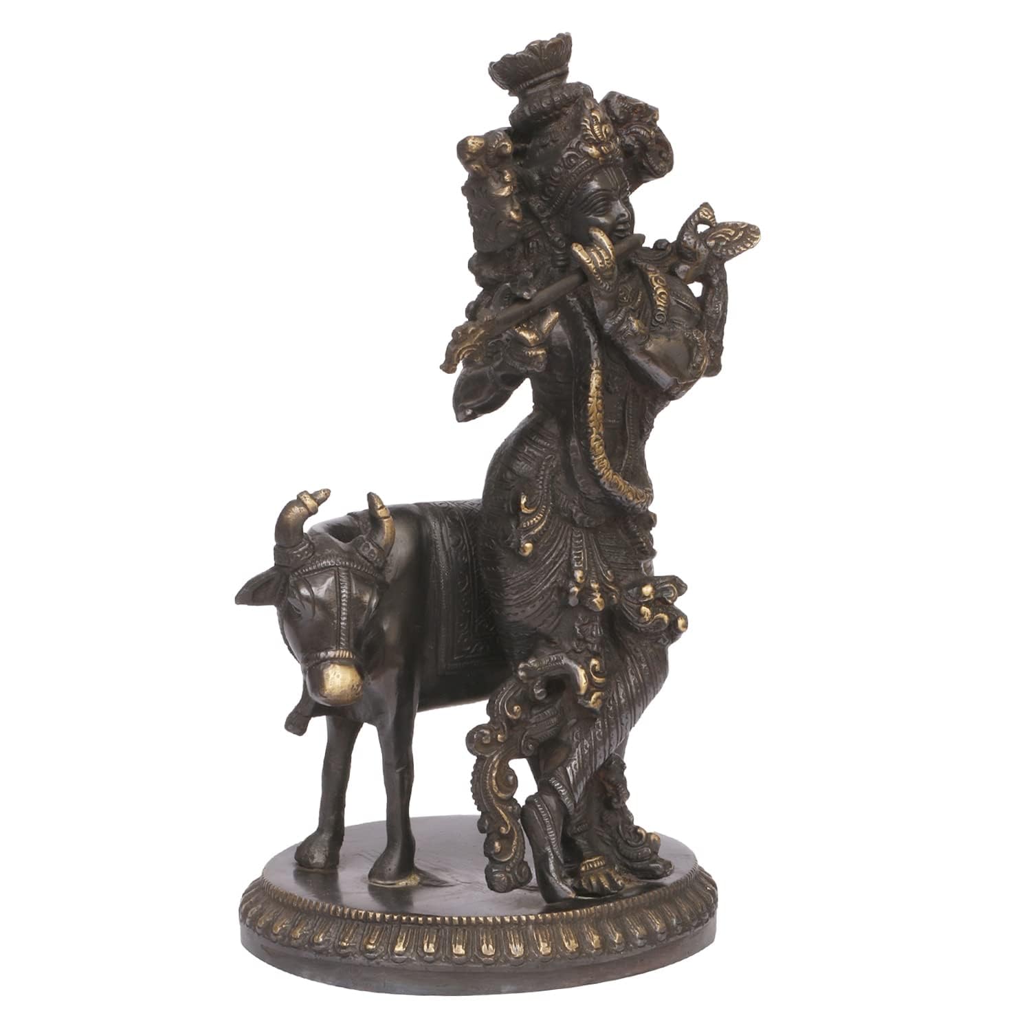 Krishna en laiton avec vache debout jouant de la flûte Statue Mandir Puja Bureau Décoration d'intérieur Cadeau 25,4 cm