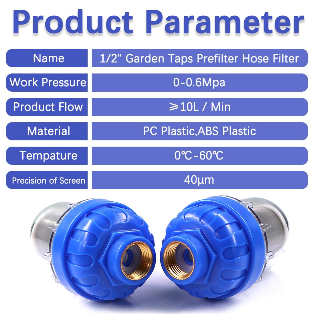 Préfiltre 1/2" 40 μm, tétine 16 mm, robinets de Jardin, Filtre Robinet, connecteur Rapide, Tamis en Acier Inoxydable 316, Adaptateur Tuyau d'irrigation