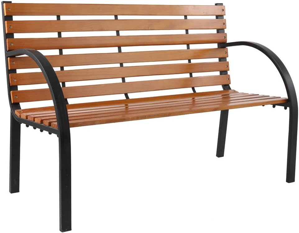 YYAO Garden Bench Love Seat Outdoor Patio Bench Metal Bench Park Bench with Backrest & Armrests,Hardwood Patio Furniture Bench for Porch Work Entryway Yard Lawn,Brown