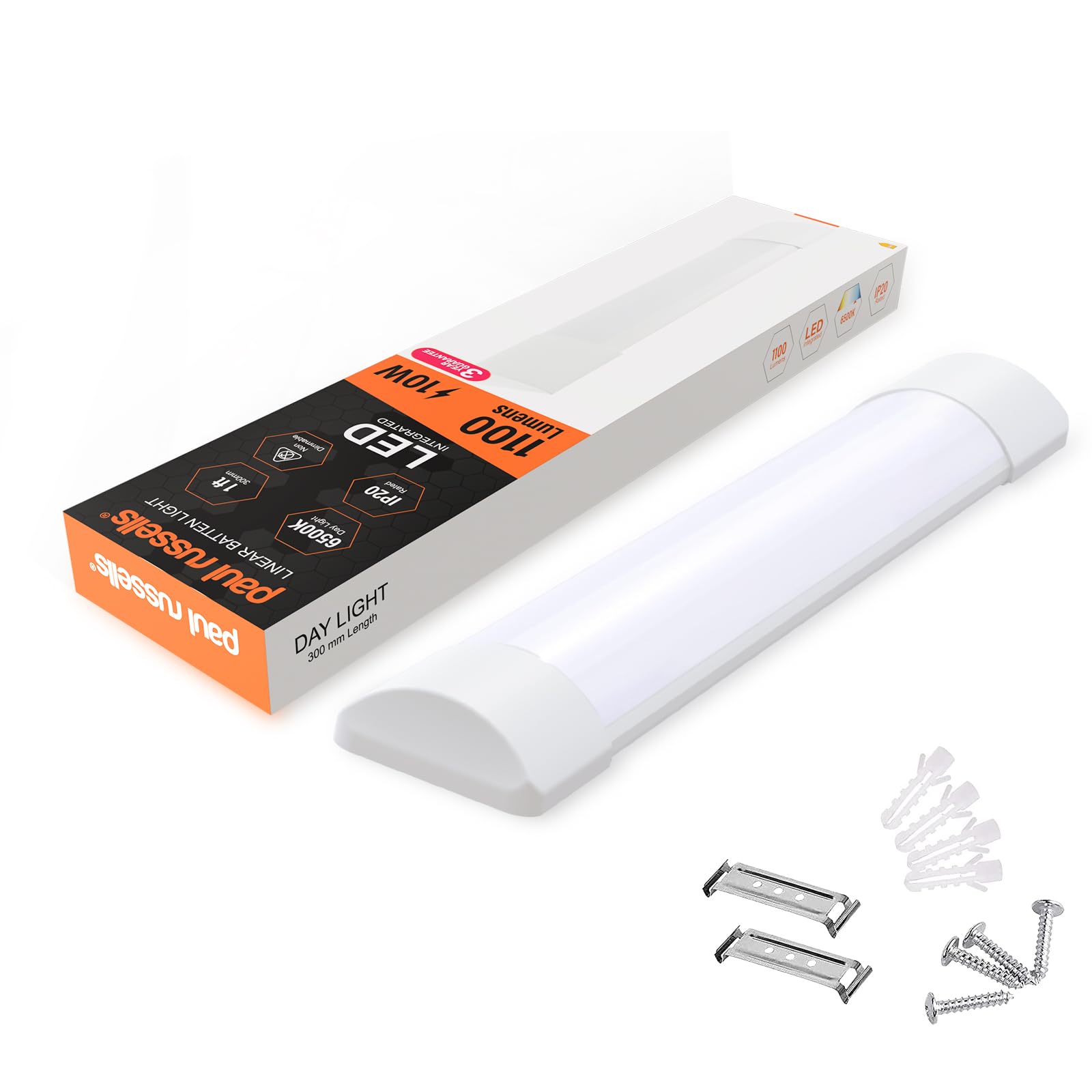 paul russells 1ft LED Batten Light, Ceiling Fitting Tube Light, 6500K Daylight, 10W, 1100 Lumens, Light for Office, Bathroom, Kitchen, Garage, Warehouse Fluorescent Lighting Replacement, 1 Pack