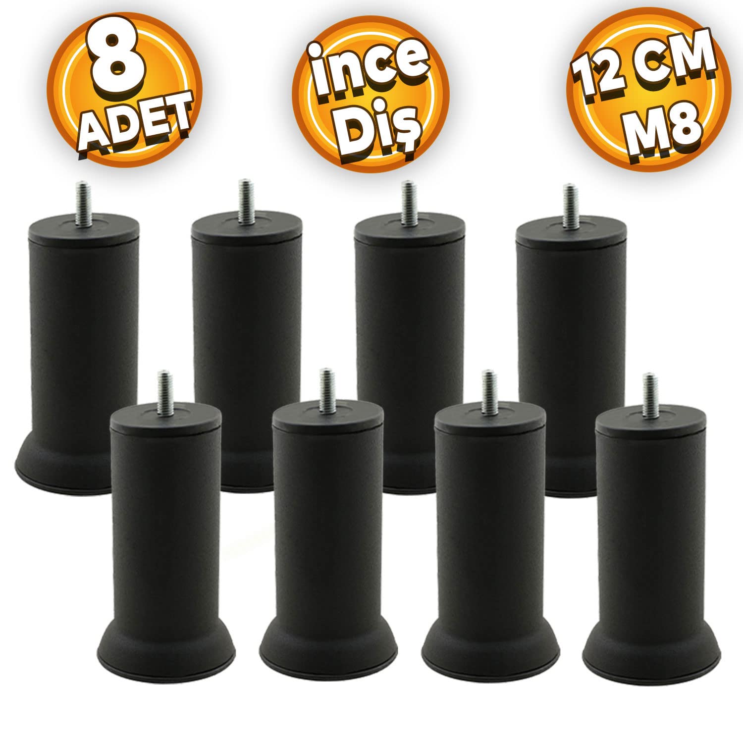 Badem10 Mobilya Baza Metal Kanepe Koltuk Destek Ayağı M8 Cinanatalı İnce Diş Siyah Metal Ayak 12 Cm 8 ADET, Badem10, Small