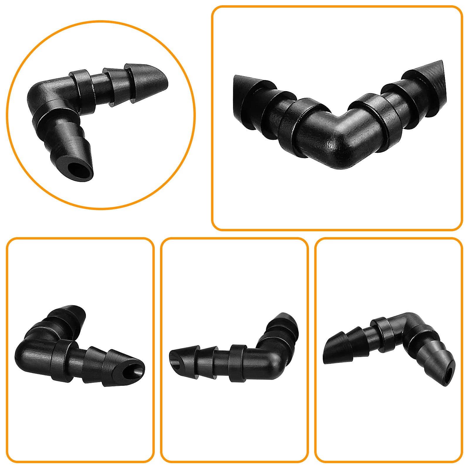 60 piezas de codos de riego por goteo para tubos de 1/4 pulgadas – conectores de púas para sistemas de goteo de césped de jardín (negro)