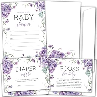 25 Baby Shower Invitations for Girl with Diaper Raffle Tickets for Baby Shower and Book Request Cards and Envelopes - Total 100 Pcs Baby Shower Invitations Diaper Raffle Bulk Set Including Envelopes and Purple Baby Shower Book Cards