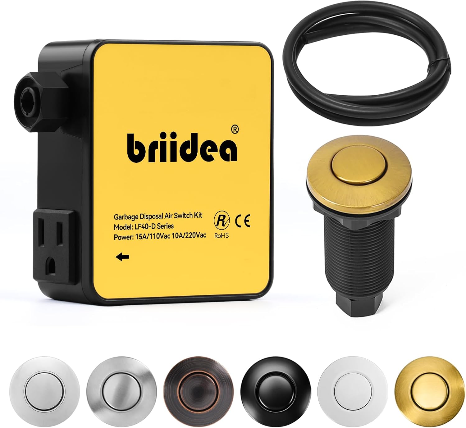 Garbage Disposal Air Switch Kit Sink Top Waste Disposal Long Stainless Steel Golden Brushed On/Off Air Button Food and Waste Disposals Part by Briidea, UL Listed