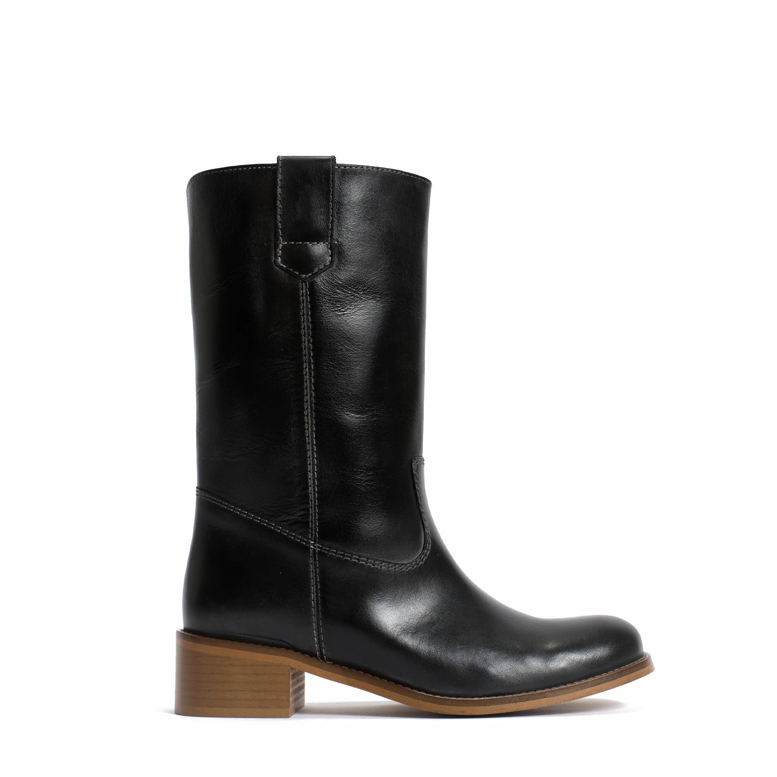 Womens Mid Calf Boots Chunky Block Heel Round Toe Boots Comfortable Low Heel Pull on Campus Casual Boots