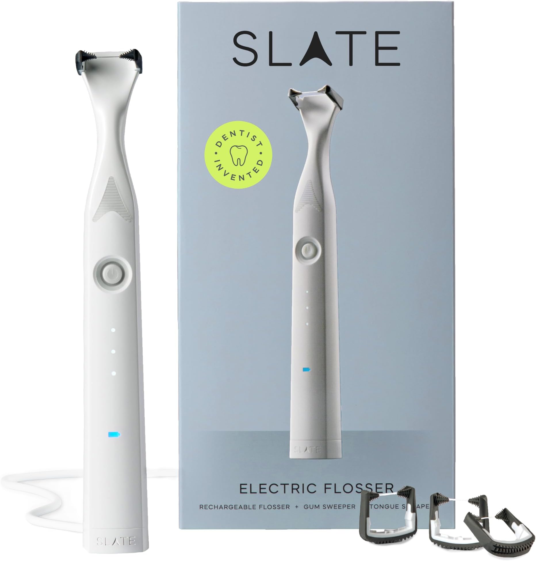 Slate Electric Flosser - Rechargeable | 3-in-1 Dentist-Invented with Reusable Floss Heads, Gum Brushes & Tongue Scraper | More Effective Than String or Water Floss