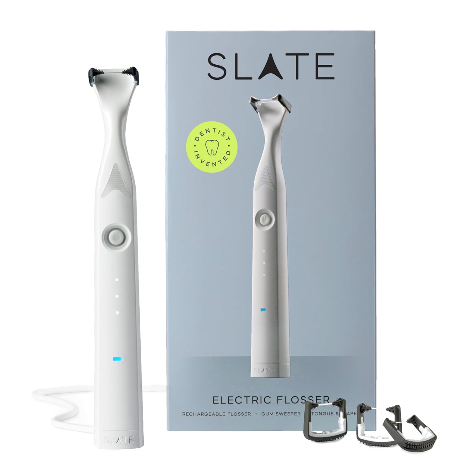Slate Electric Flosser 3-in-1 Dentist-Invented with Reusable Floss Heads Gum Brushes Tongue Scraper More Effective Than String or