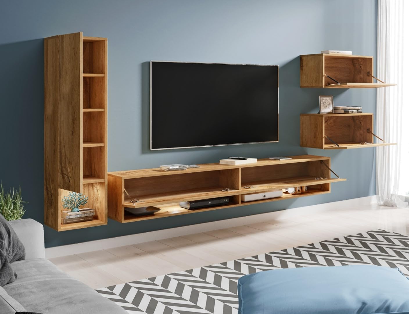 MINIO go for it - Mur de Salon Suspendu 4 pièces Amy, sans éclairage LED | Armoire murale, panneau stratifié, couleur : chêne Wotan