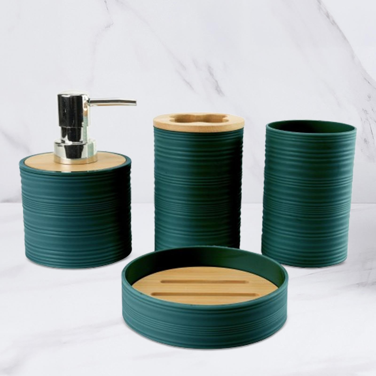 4 Piezas Set de Accesorios de Baño Dispensador de Jabón Porta Cepillos Vaso para Enjuague Jabonera Material Plástico Resistente Adecuado para Hogar, Verde Oscuro, Individual