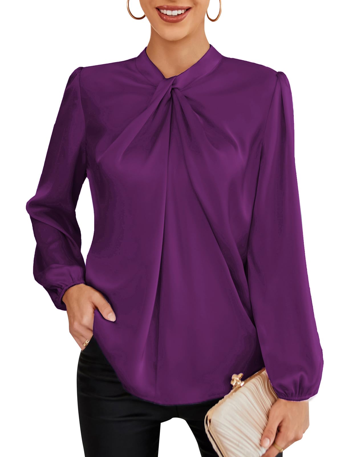 GRACE KARIN Blusa Elegante Donna Maniche Lunghe Tinta Unita con Bottoni Scollo a V da Ufficio Casual