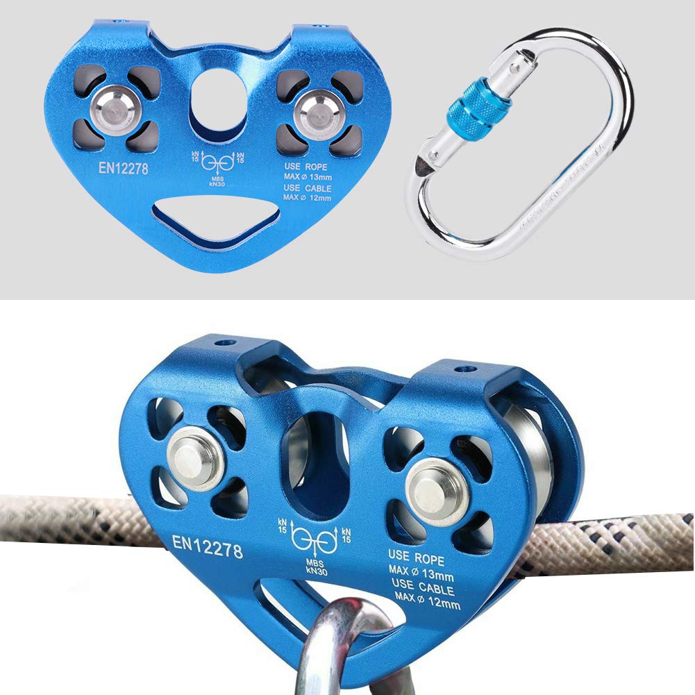 Polea para Escalada en Roca, Kit de Carrito con Tirolesa Mosquetón en Forma de Corazón Liviano de Alta Eficiencia Polea Doble en Tándem Doble 25KN para Escalada en Roca