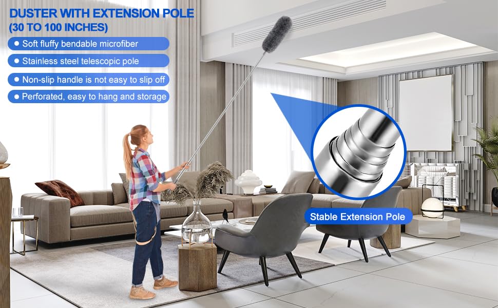 Image of 3 in 1 Microfiber Feather Duster Bendable & Extendable Pole 30-100 Inch Extra Long Extension Pole for Cleaning High Cobweb Stick High Ceiling Fan - Stainless Steel,Grey