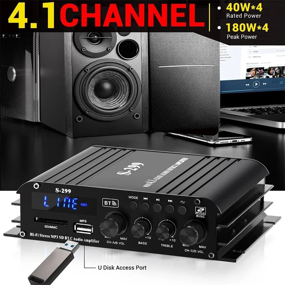 Amplificatore Audio Digitale 4.1 Canali AMP 40Wx4 W/H Bluetooth 5.0 Potenza Nominale per Home Theater Auto RV Barca Spina EU