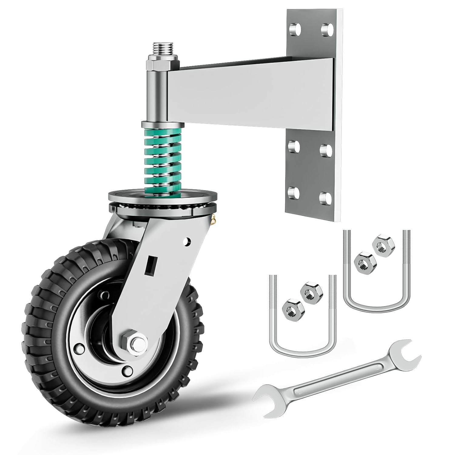 6 Inch Heavy Duty Gate Wheel for Wooden and Metal Tube Fences, Spring-Loaded 360 Degree Rotation Caster Kit, Supports 550 lbs - White