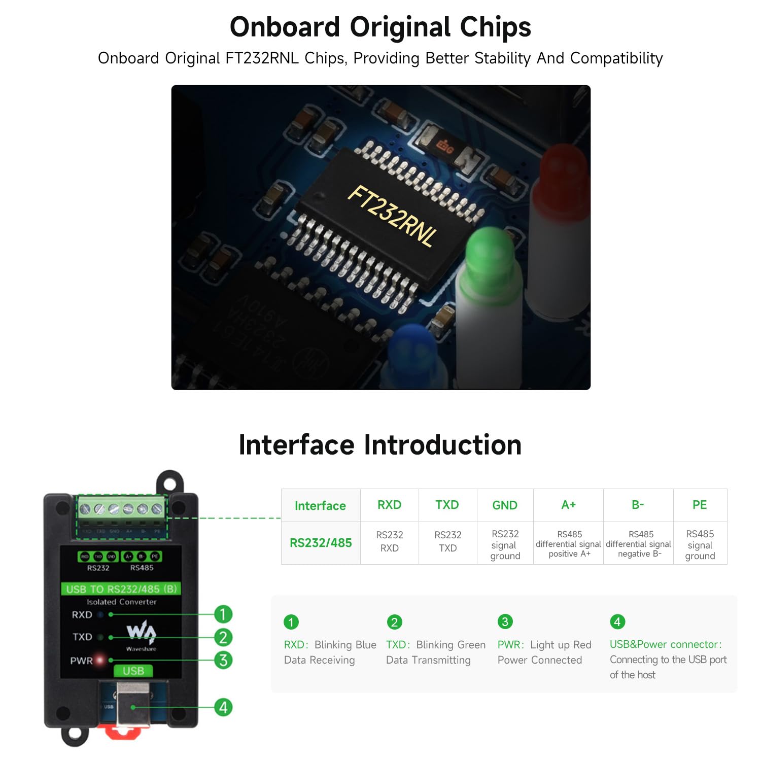 Waveshare USB To RS232/485 Industrial Grade Isolated Converter, Onboard Original FT232RNL Chip, Multiple Protection, Wall-Mount And Rail-Mount Support