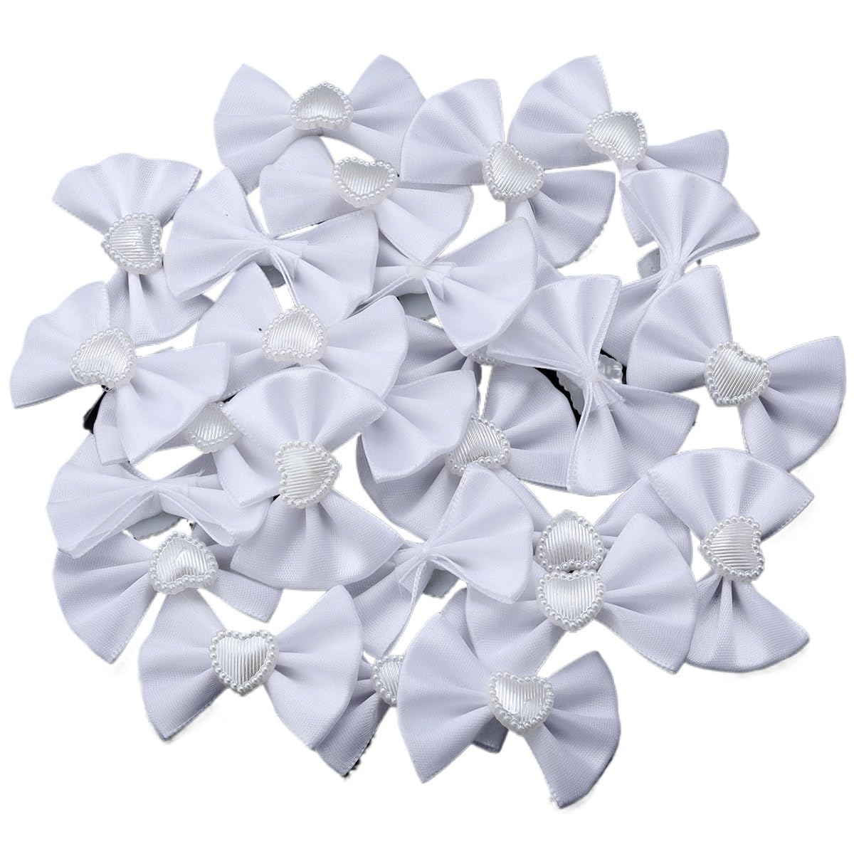 LATEAU Ribbon Bows 20pcs/lot Polyester Satin Ribbon Bows With Heart Pearl Bowknots For DIY Clothing Decoration Accessories(White)