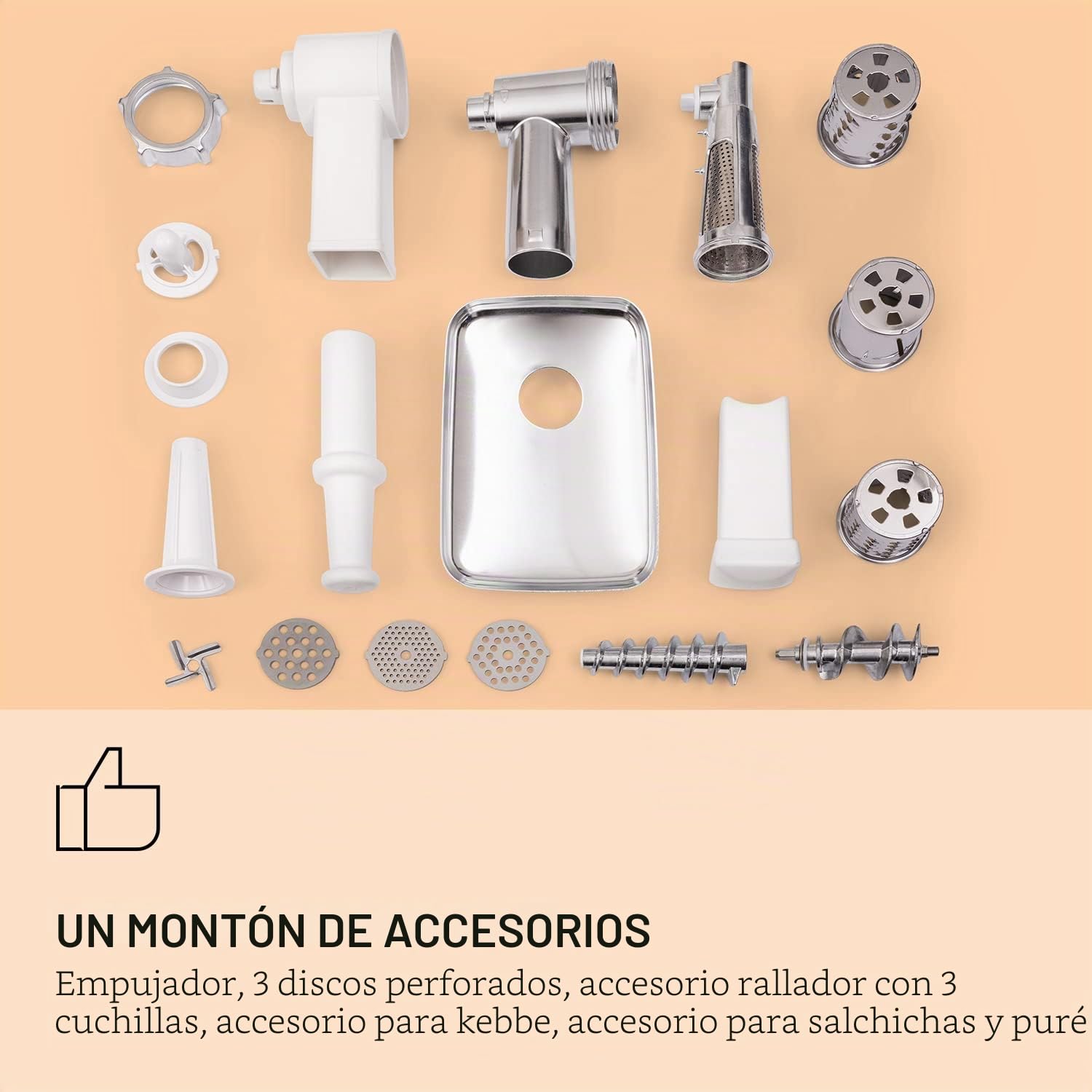 Klarstein Mighty Mince - Rallador eléctrico, Cortador de verduras eléctrico con potencia de 500-1361 W, Espiralizador de verduras con accesorios para salchichas, albóndigas y puré, Con asas, Blanco