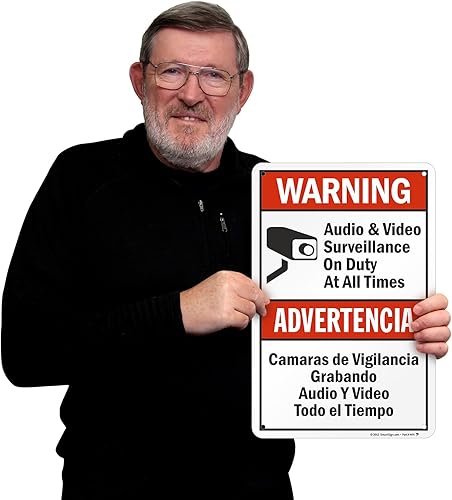 Vista 80 de SmartSign -S-9392-AL-14 Advertencia - Vigilancia de audio y video en servicio en todo momento Aluminio de 10" x 14" - Negro/Rojo sobre Blanco