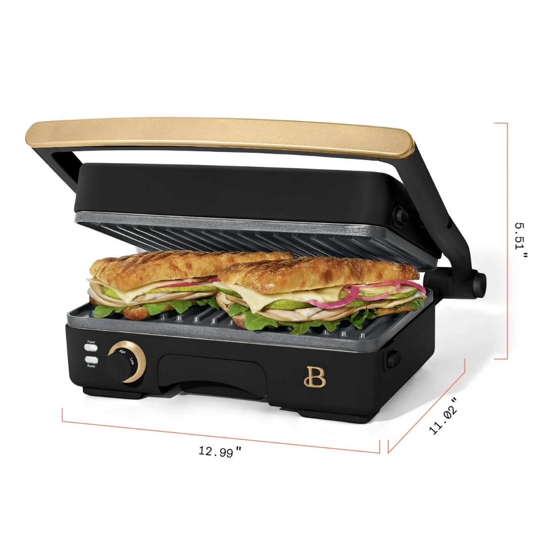 Beautiful 2-in-1 Panini Press, Grill, Sandwich Maker, Stainless Steel, Non-Stick Plates, 1200W Indoor Grill, Modern Style, 10.25 x 7 Inch Cooking Surface, Removable Heat Control (Black Sesame)