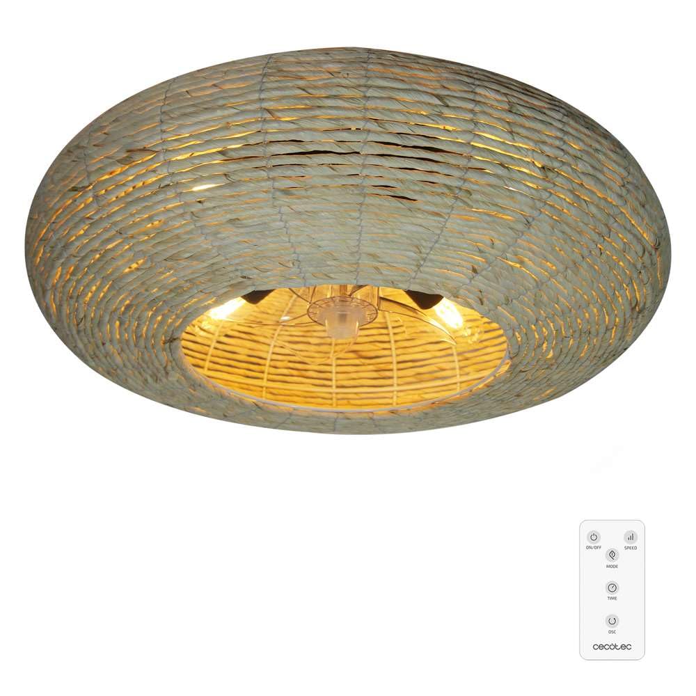 Cecotec Ventilador de Techo con Luz de diseño EnergySilence LampAero 600 Natural Wicker motor DC 20W, Luz LED, 5 aspas de 11 pulgadas, control remoto, 3 velocidades, temporizador y modo winter/summer