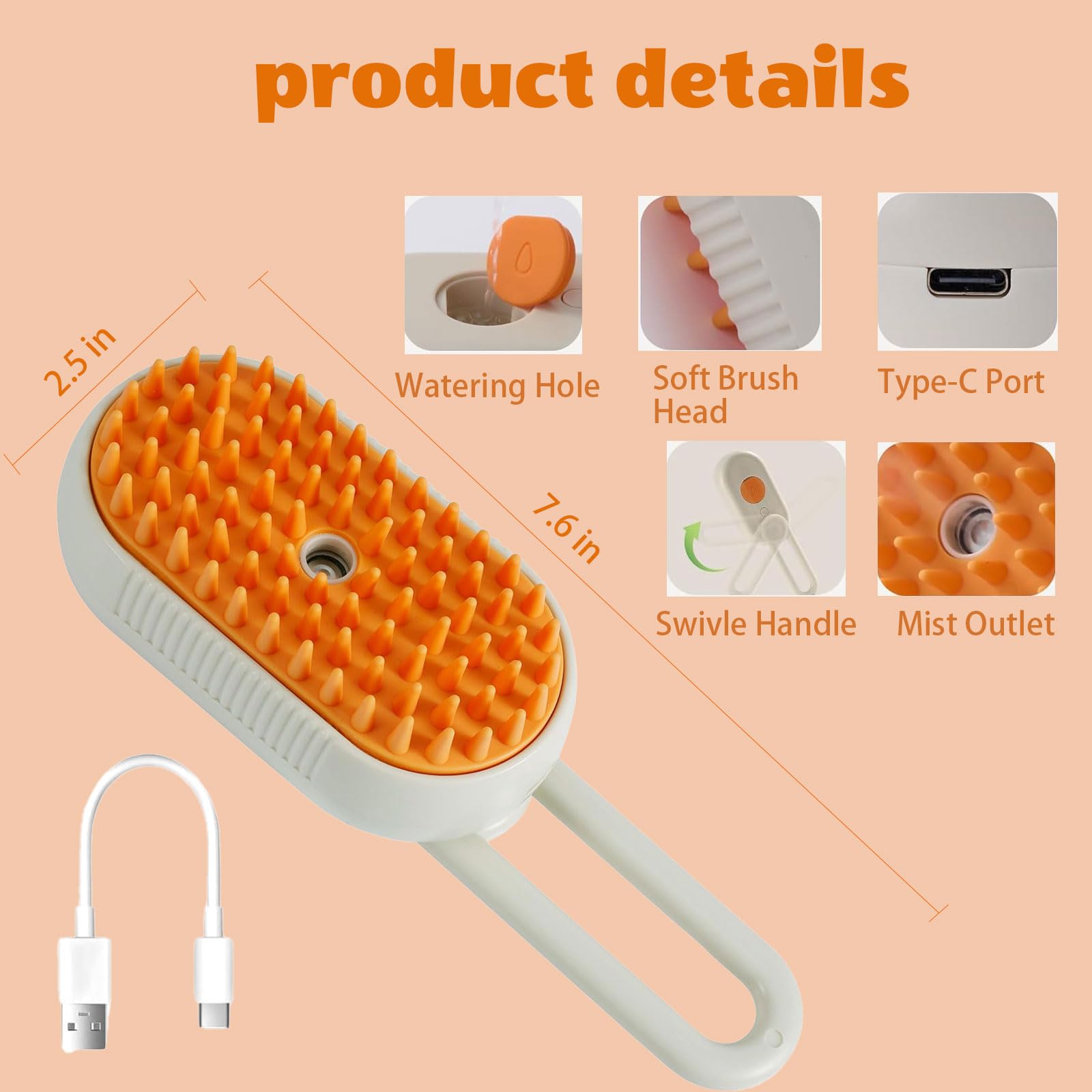 Cepillo de vapor para gatos, 3 en 1, cepillo de vapor autolimpiante para eliminar el pelo enredado y suelto, cepillo de vapor para gatos y perros para masajes