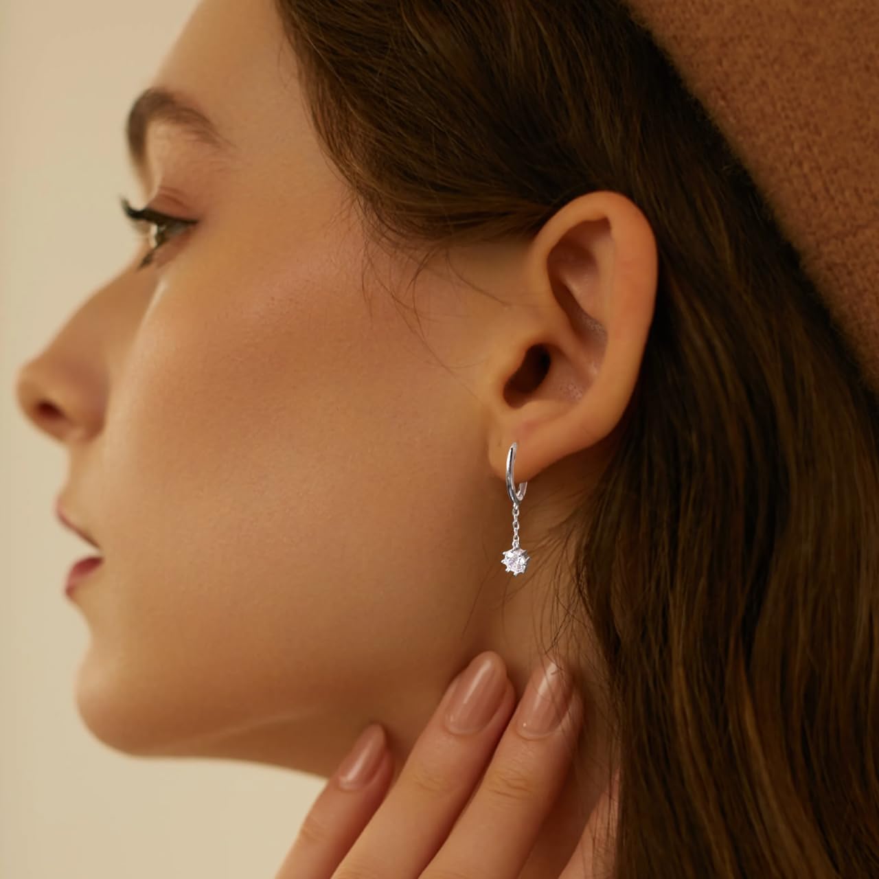 Dainty Clear CZ Chain Dangle Hoop Earrings for Women, 925 Sterling Silver Huggie Hoop with Chain Drop Charm, Hypoallergenic Jewelry for Everyday Wear - Image 2