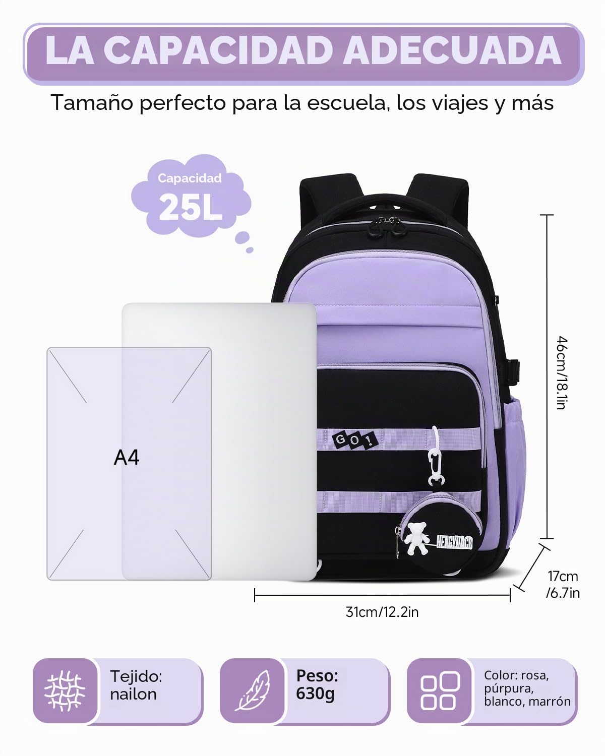 Amythe Mochila Escolar Niña - Grande Ligera para Portátil 15.6", Morado