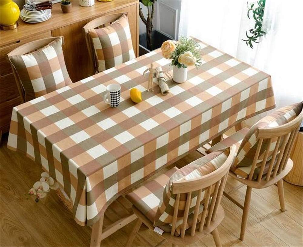 Anleo Washable Cotton Fabric Tablecloth, Dust-Proof Decorative White & Brown Grid Pattern Table Cover for Kitchen Dinning Tabletop Buffet Decoration (Rectangle/Oblongm, 55"x86")