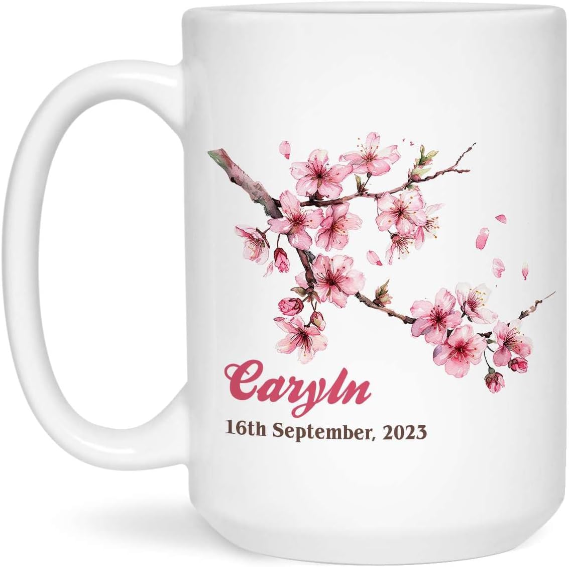 Novelty Cherry Blossom Flower White Mug, Personalized Flower Spring Lovers Coffee Mugs, Customized Name & Date Flower Themed Cup, Plant Ceramic Mug 11Oz Or 15Oz, Cherry Blossom Mug